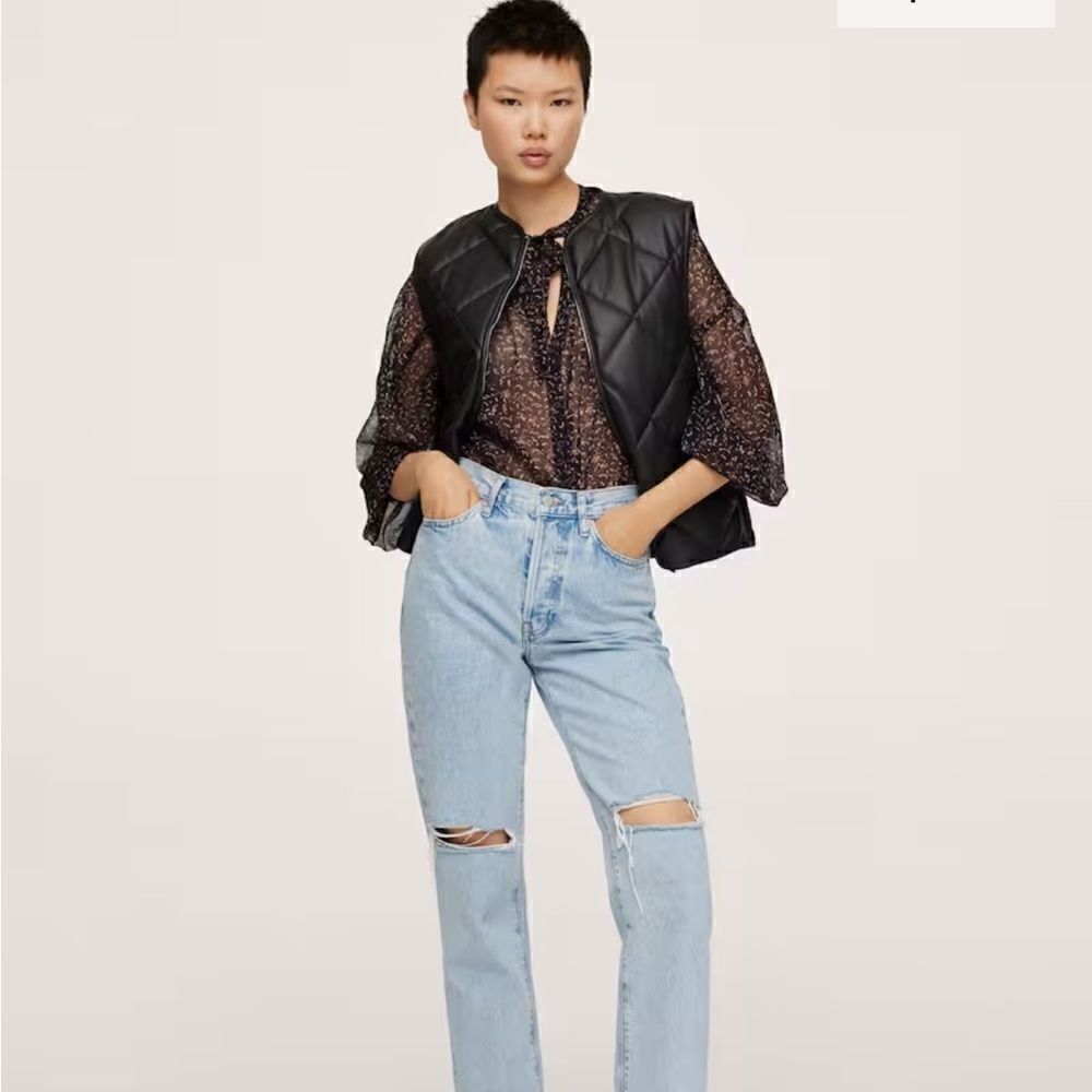 Mango Sheer Floral Print Long Sleeve Tie Neck Blouse Black Women’s Boho Top